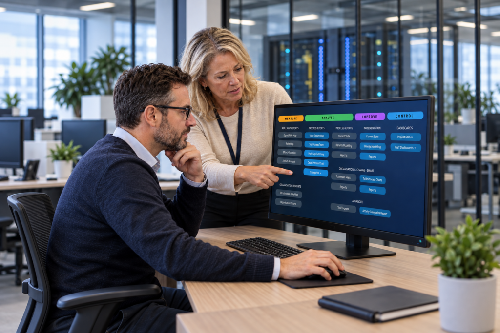 Colleagues discussing information on a computer monitor